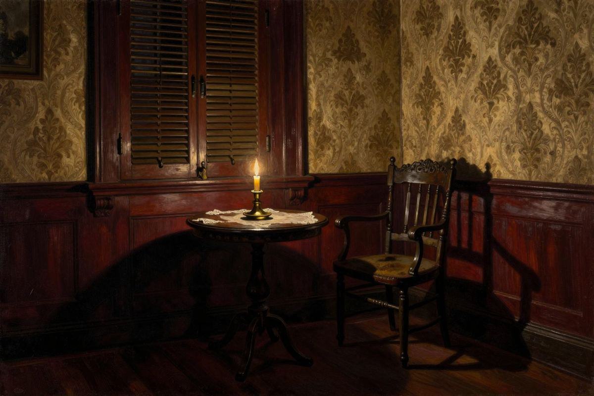 A small round table and a single lit candle in an old papered parlour at night.