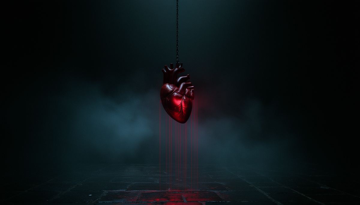 A dark red heart hangs on a chain above a fog-covered stone floor.